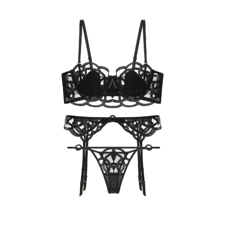 3-Piece Mesh-Insert Lingerie Set Adjustable Straps