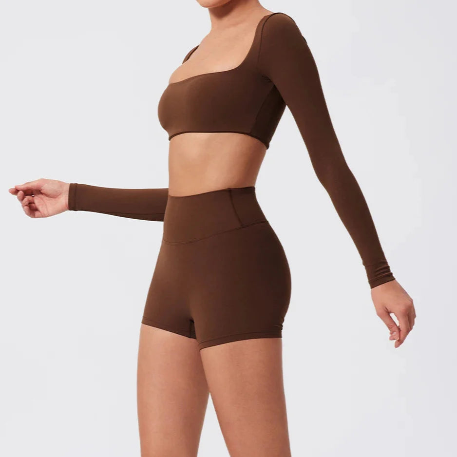 Push-Up Long-Sleeve Top and High-Waist Shorts Set