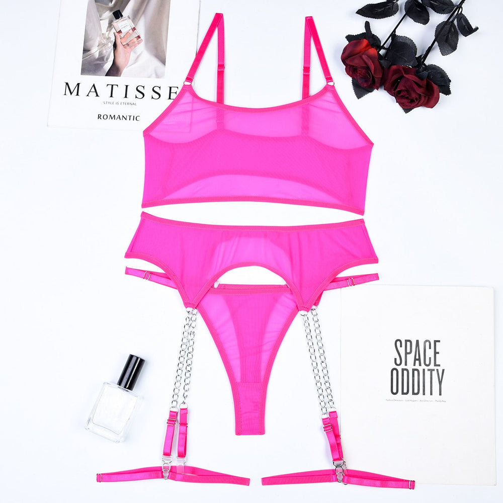 Mesh Mesh Lingerie Set with Belt Decorative Details