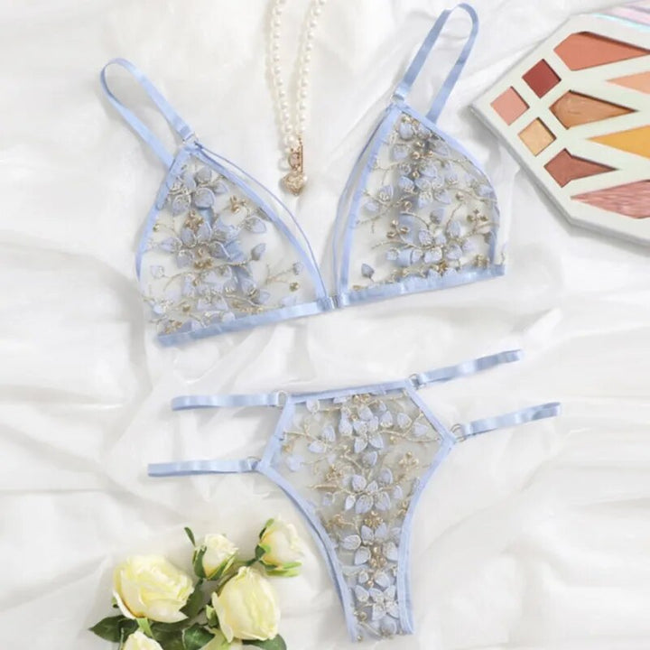 Embroidered Elastic-Waist Mesh Lingerie Set