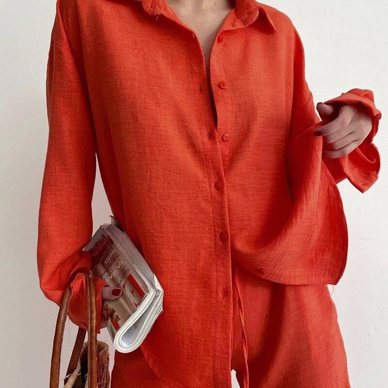 Cotton Button-Shirt Homewear Set Long Pants Soft
