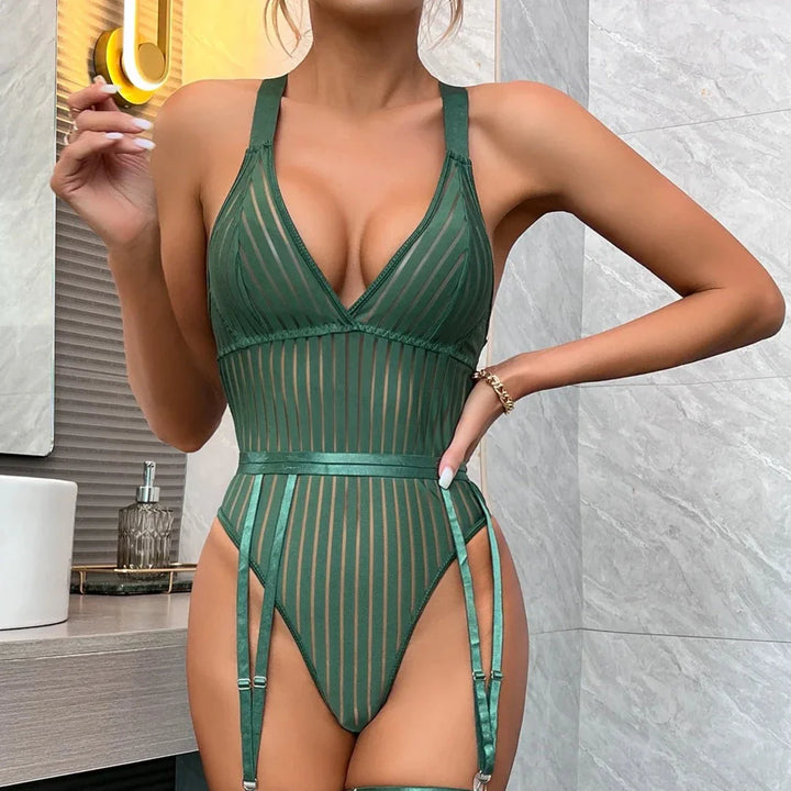 Geometric High-Leg Wide-Strap Garter Bodysuit