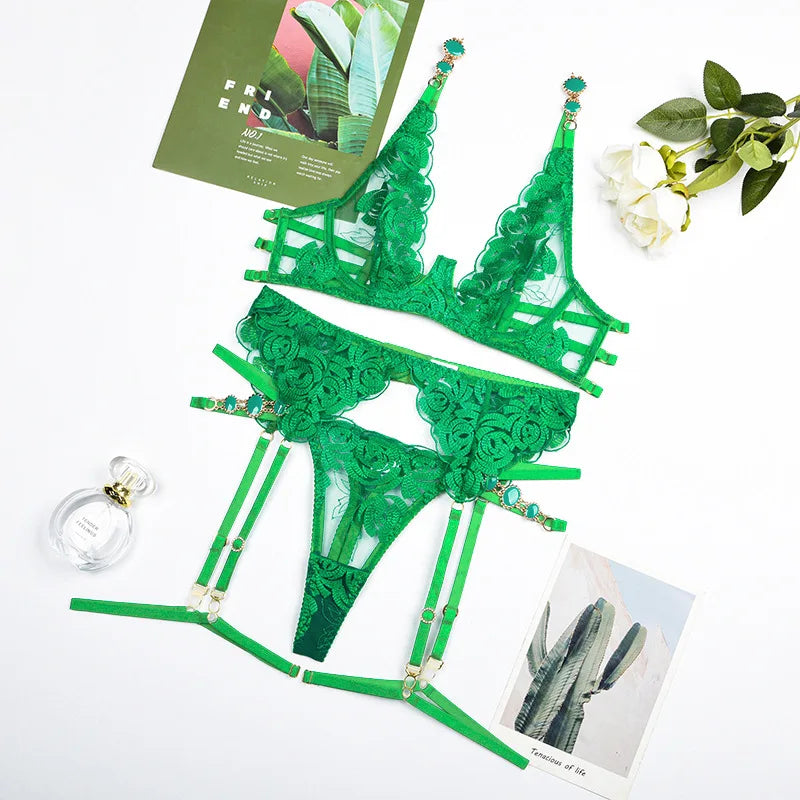 3-Piece Triangle Half-Cup Thong and Garter Set