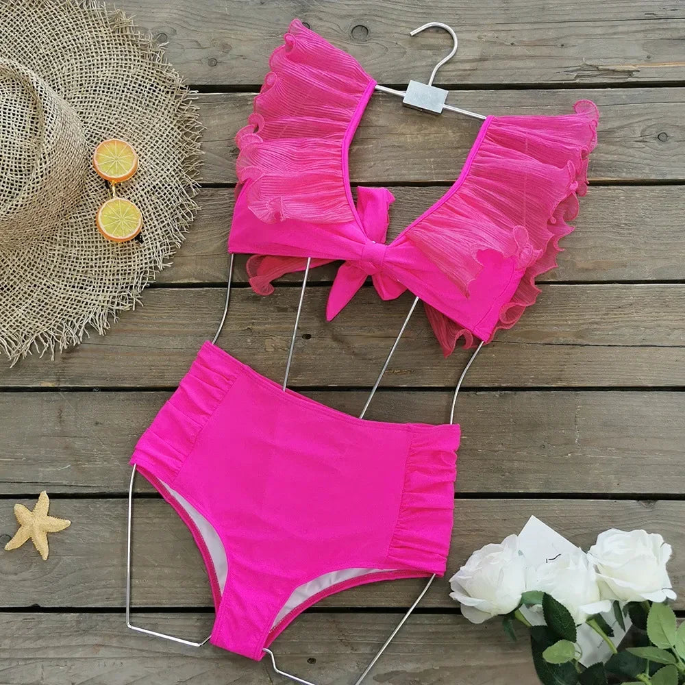 High-Waist Ruffle-Sleeve Two-Piece Swimsuit