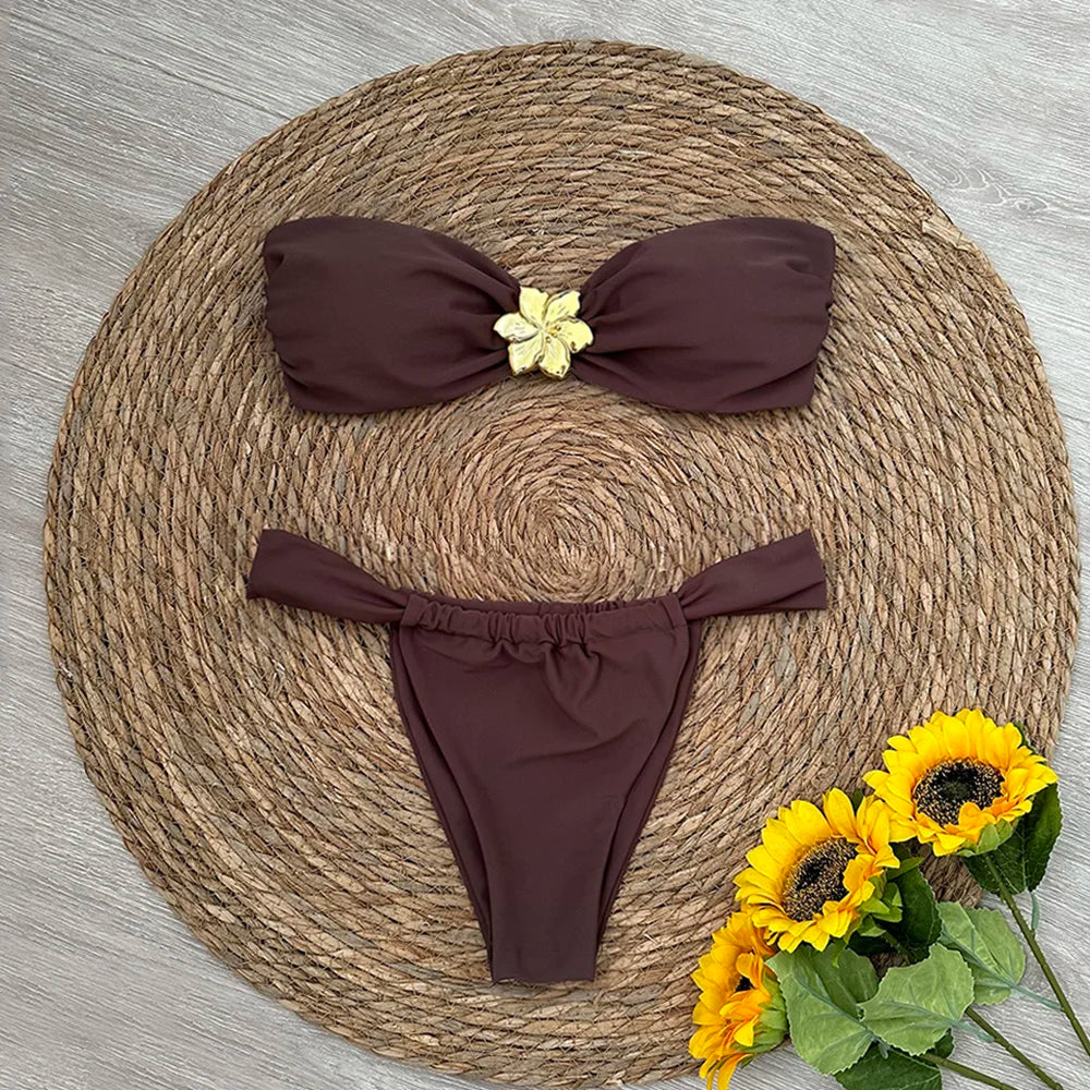 Strapless Bandeau Romantic Flower Bikini Set