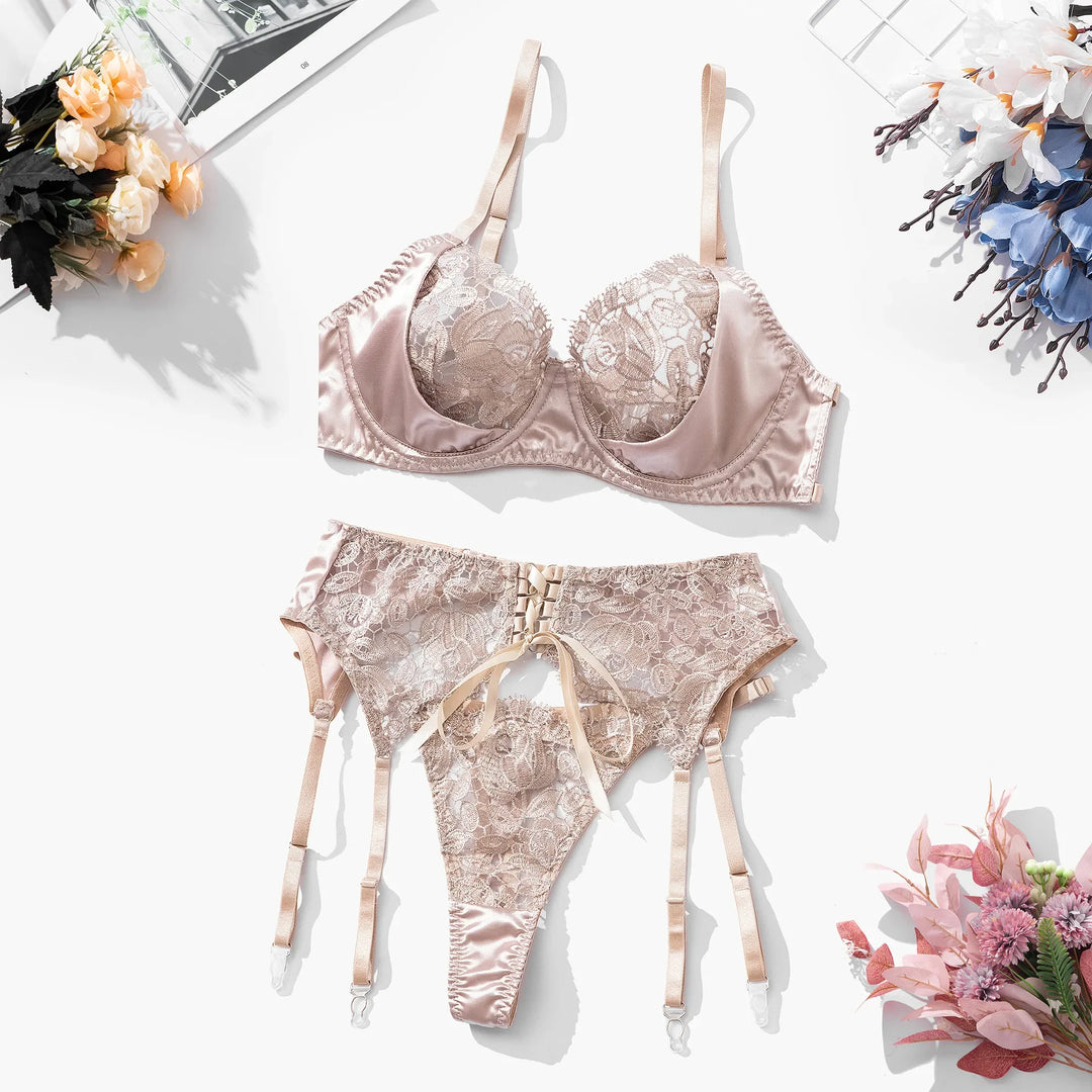 3-Piece Satin Lace Tie-Waist Lingerie Set