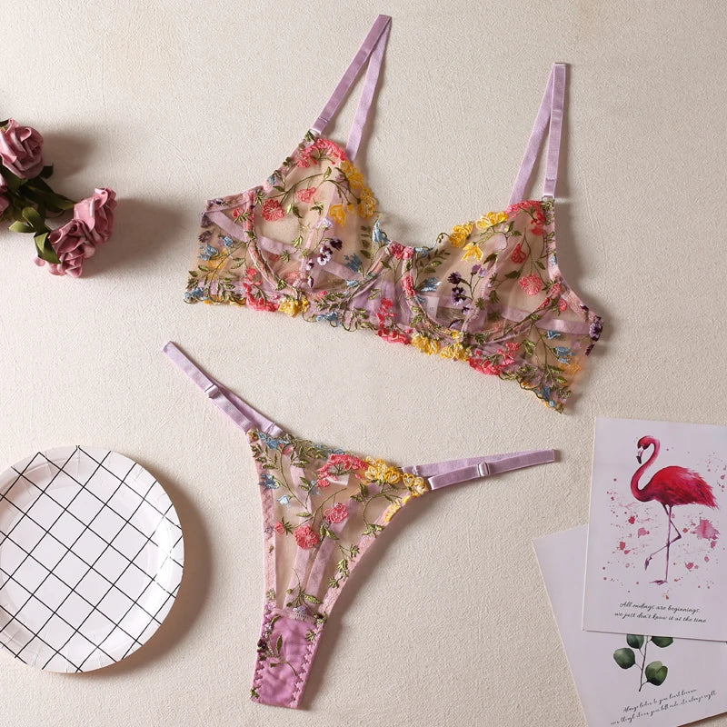 Embroidered Colourful Floral Lingerie Set