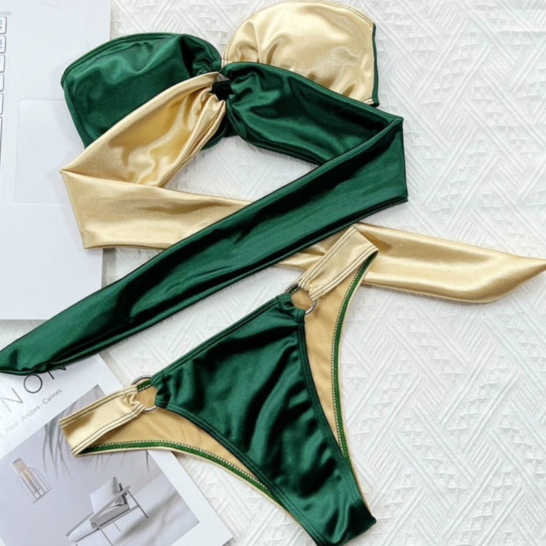 Two-Tone Two-Piece Swimsuit Push-Up Wireless Bra