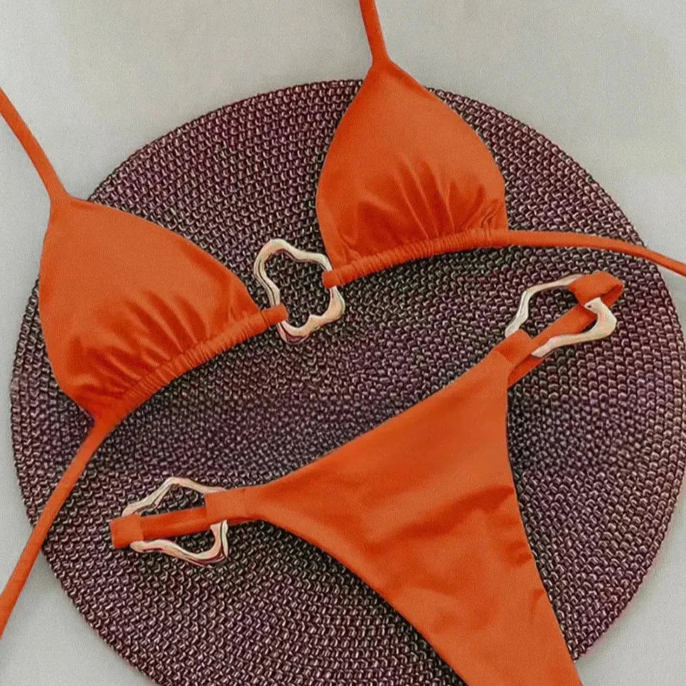 Minimalist Gold Buckle Tie-Neck Bikini