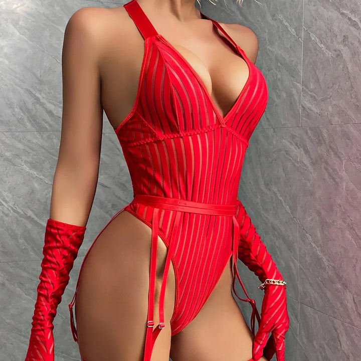 Geometric High-Leg Wide-Strap Garter Bodysuit