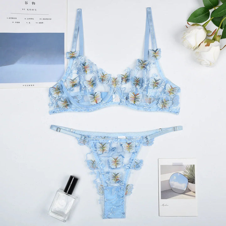 Mesh Butterfly Embroidery Thong Lingerie Set