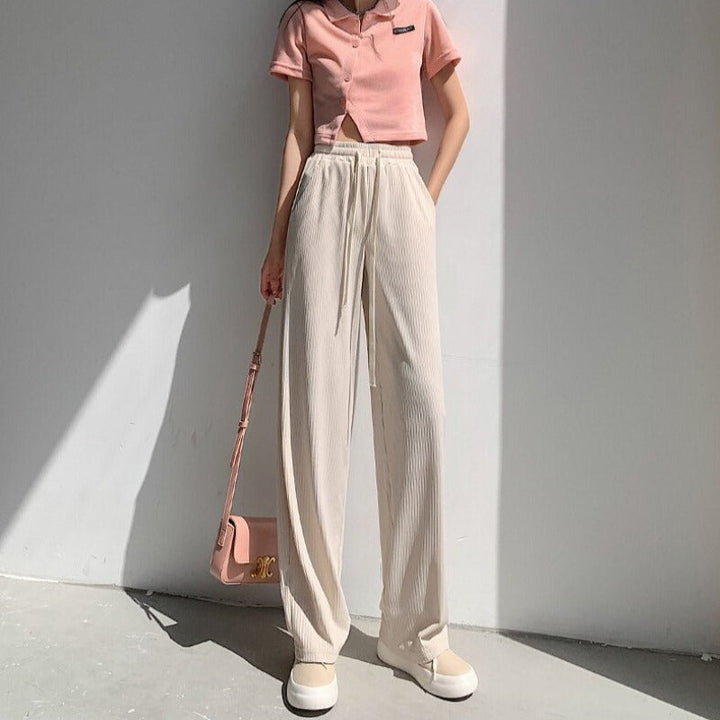 Straight-Leg Tie-Belt Ribbed Relaxed Pants