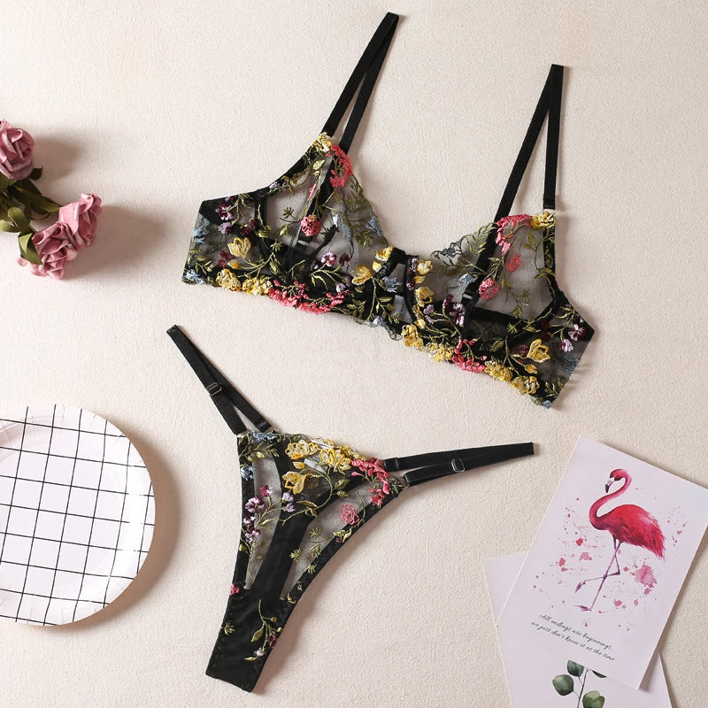 Embroidered Colourful Floral Lingerie Set