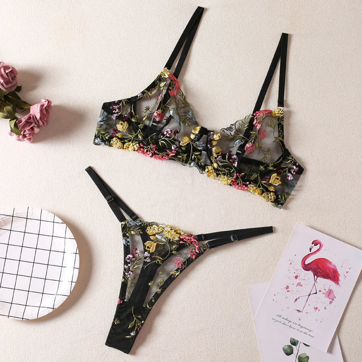 Embroidered Colourful Floral Lingerie Set