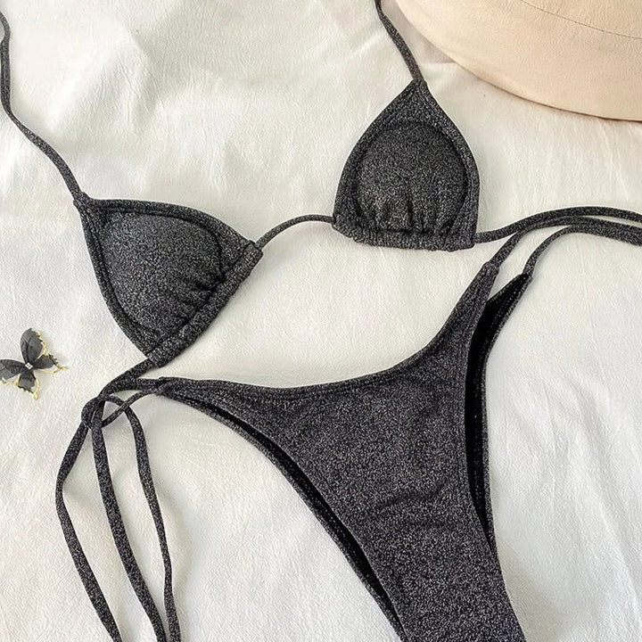 Shiny Tie-Neck Adjustable Bikini