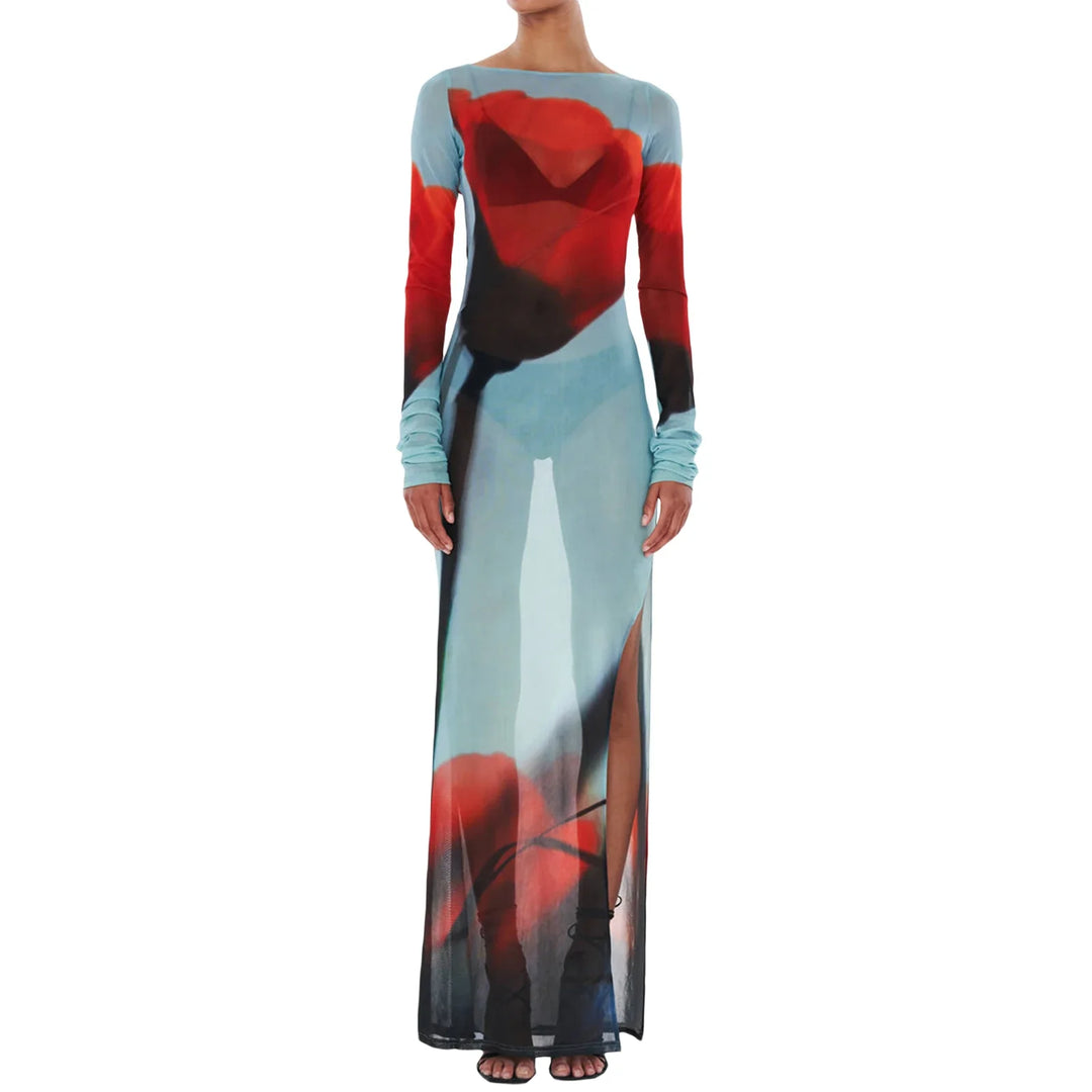 Mesh Long-Sleeve Maxi Beach Dress