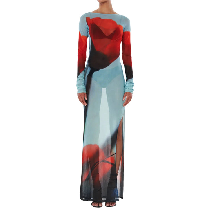 Mesh Long-Sleeve Maxi Beach Dress