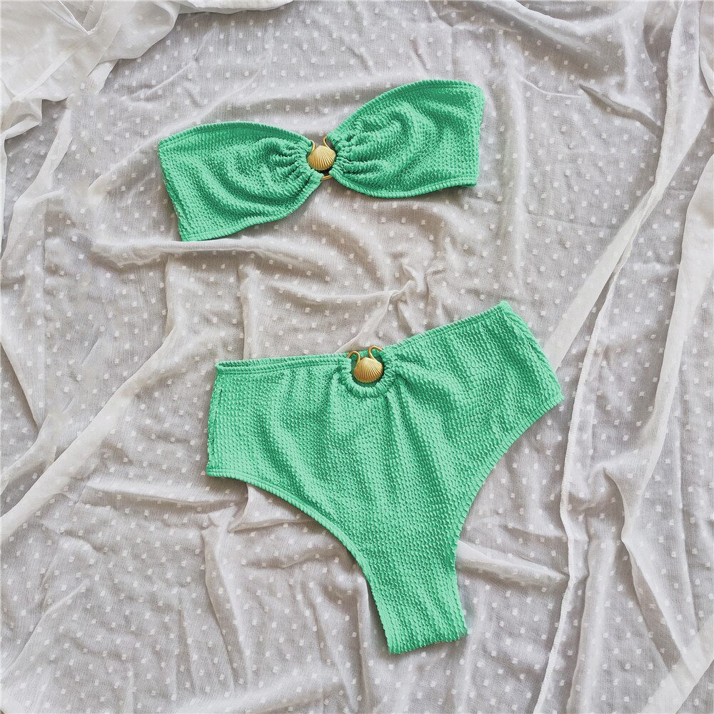 High-Waist Strapless Two-Piece Swimsuit Hardware Detail