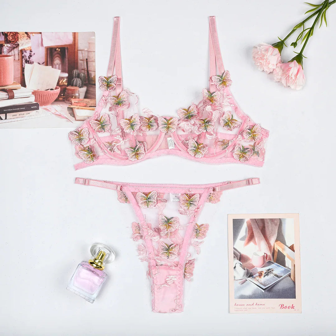 Mesh Butterfly Embroidery Thong Lingerie Set