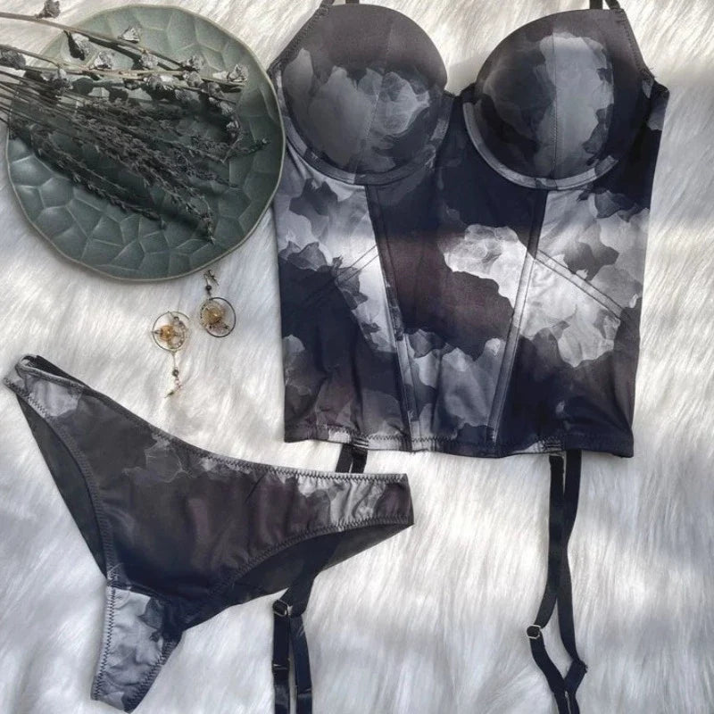 Tie-Dye 3/4-Cup Thong Corset Lingerie Set