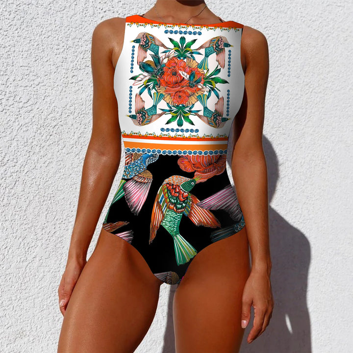 Oriental Print Stretch One-Piece Swimsuit