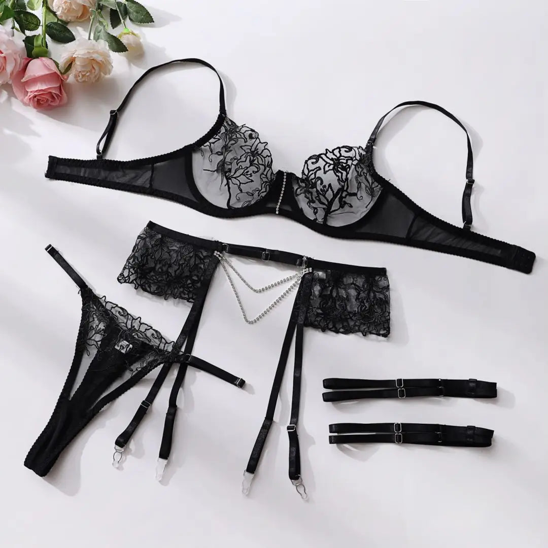 Crystal Chain Embroidered Adjustable Lingerie Set
