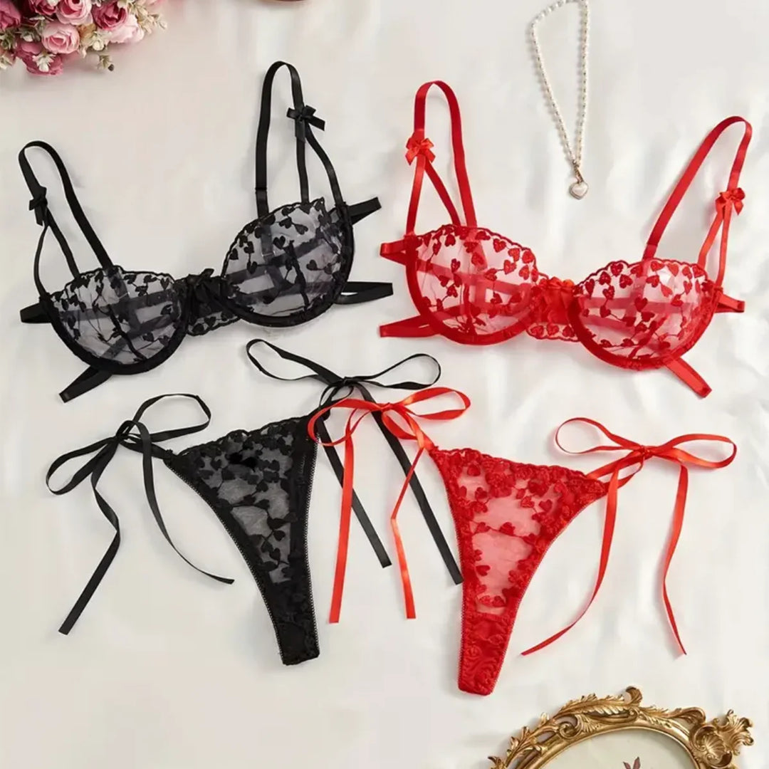 Embroidered Underwire Bra and Thong Lingerie Set
