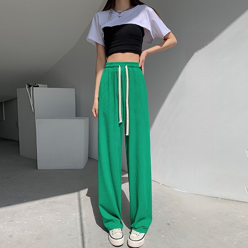 Straight-Leg Tie-Belt Ribbed Relaxed Pants