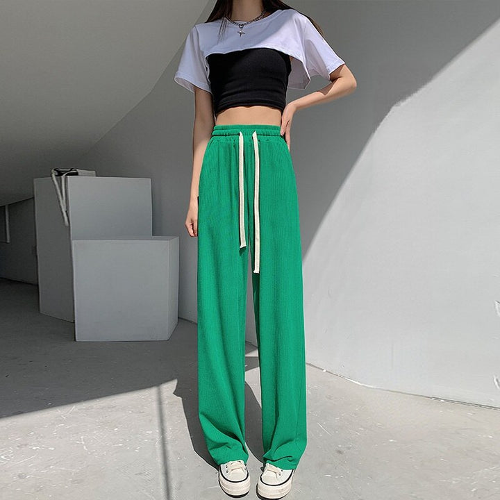 Straight-Leg Tie-Belt Ribbed Relaxed Pants