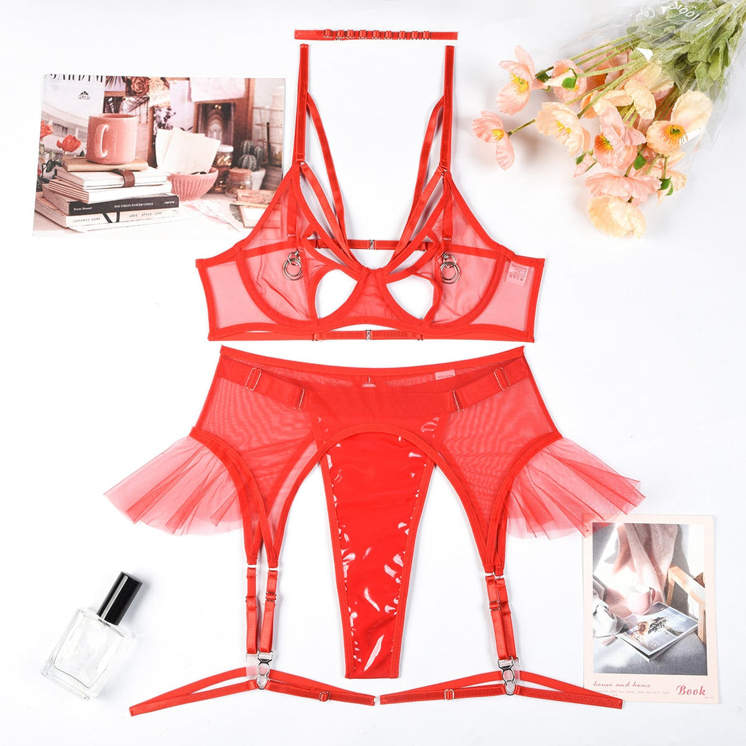 Mesh Mesh Lingerie Set Metal Accents Adjustable