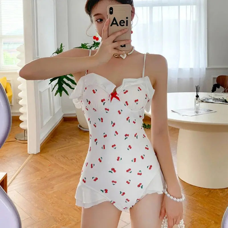 Cherry Print Push-Up Ruffle One-Piece Swimsuit