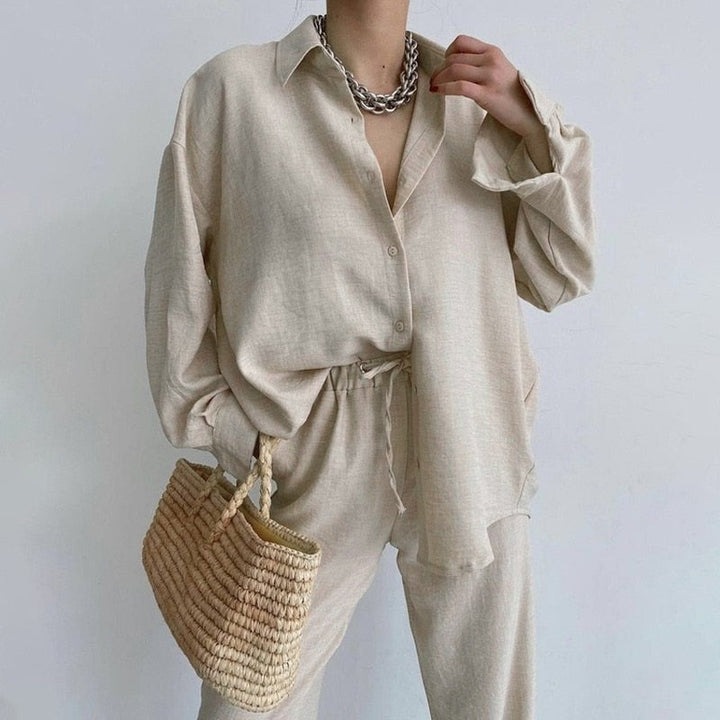 Cotton Button-Shirt Homewear Set Long Pants Soft