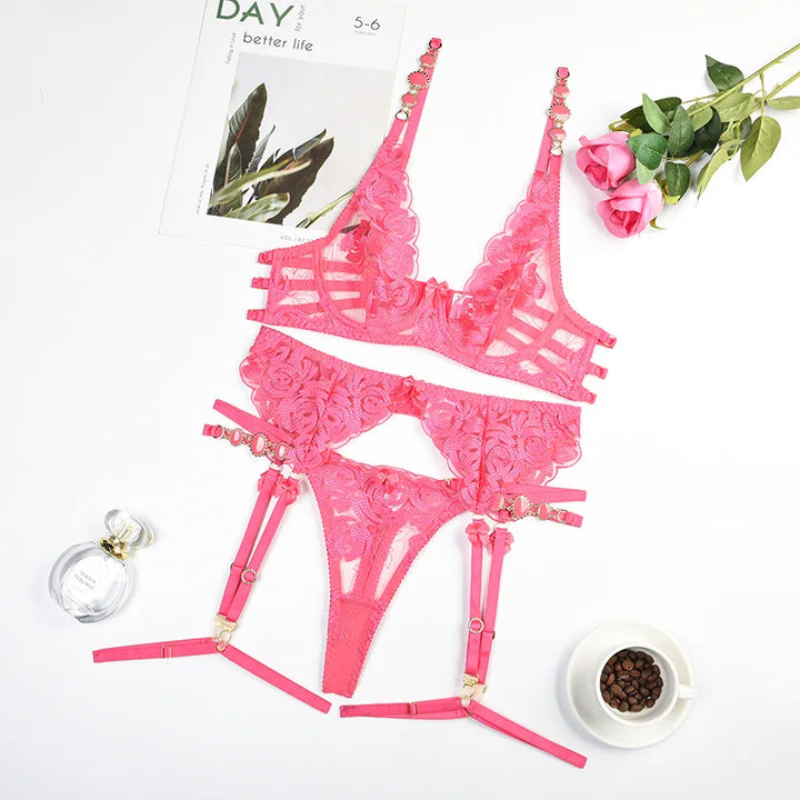 3-Piece Triangle Half-Cup Thong and Garter Set