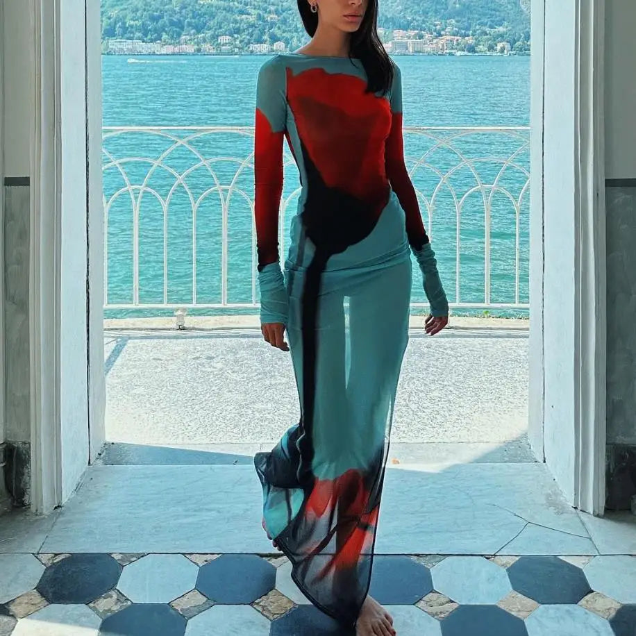 Mesh Long-Sleeve Maxi Beach Dress
