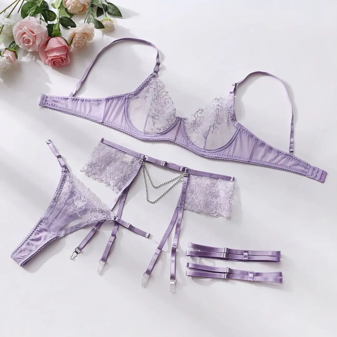 Crystal Chain Embroidered Adjustable Lingerie Set