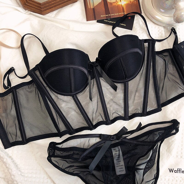 Corset-Style Mesh Lingerie Set with Bows