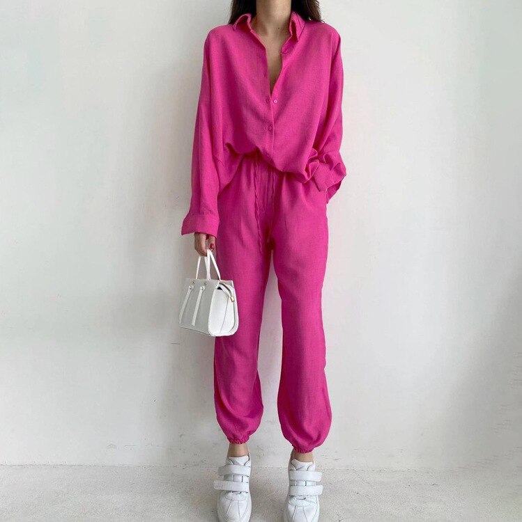 Cotton Button-Shirt Homewear Set Long Pants Soft