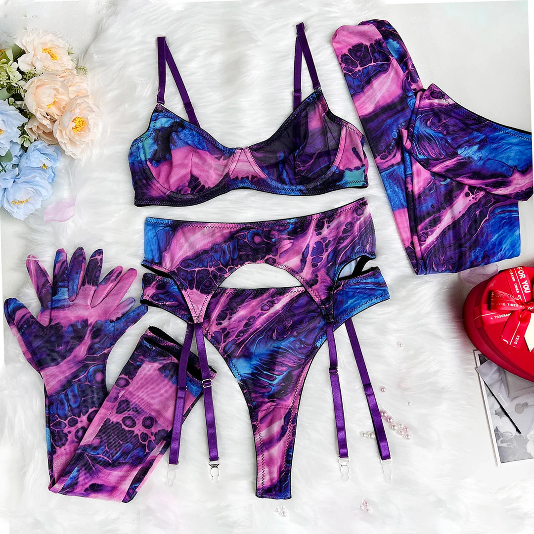 5-Piece Tie-Dye Mesh Thong Lingerie Set