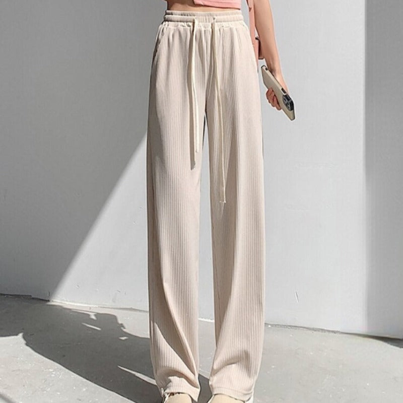 Straight-Leg Tie-Belt Ribbed Relaxed Pants
