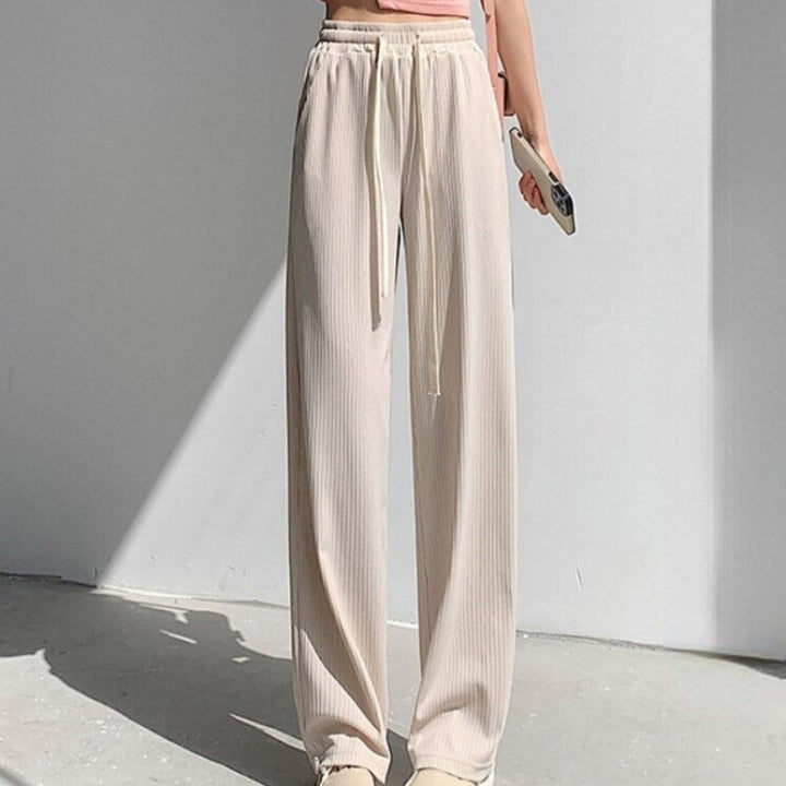 Straight-Leg Tie-Belt Ribbed Relaxed Pants
