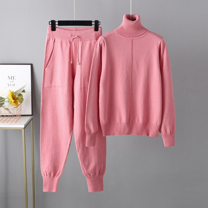 Ribbed Turtleneck Knit Sweater and Pants Lounge Set