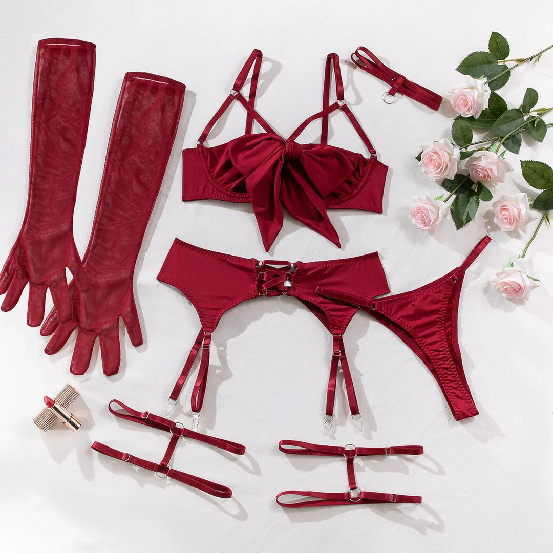 Lace Bra Thong Gloves and Garter Belt Set
