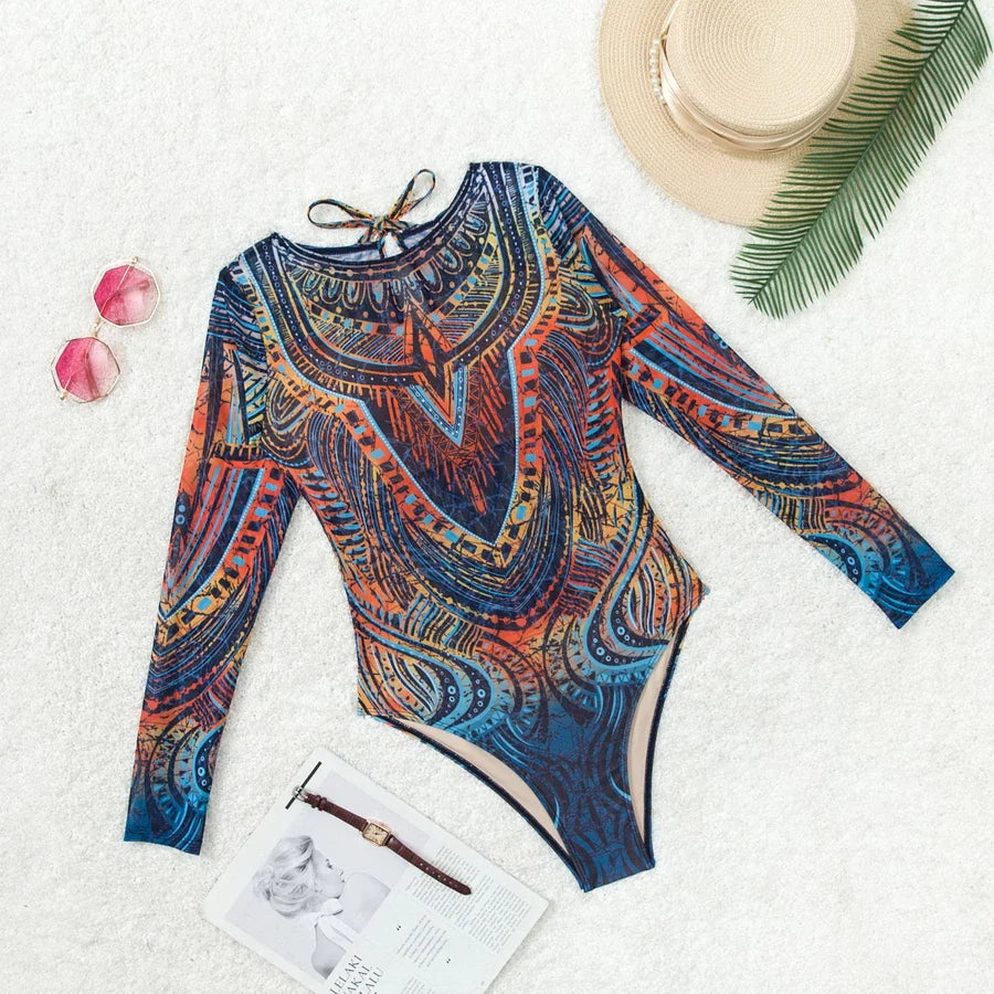 Long-Sleeve Oriental Print One-Piece Swimsuit