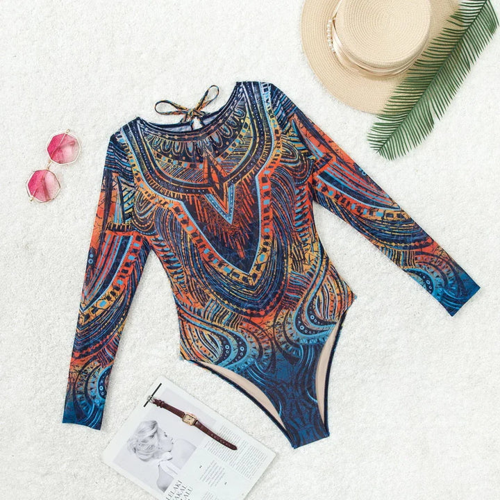 Long-Sleeve Oriental Print One-Piece Swimsuit