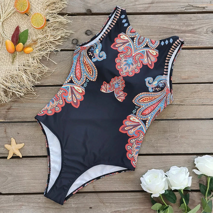 Oriental Print Stretch One-Piece Swimsuit