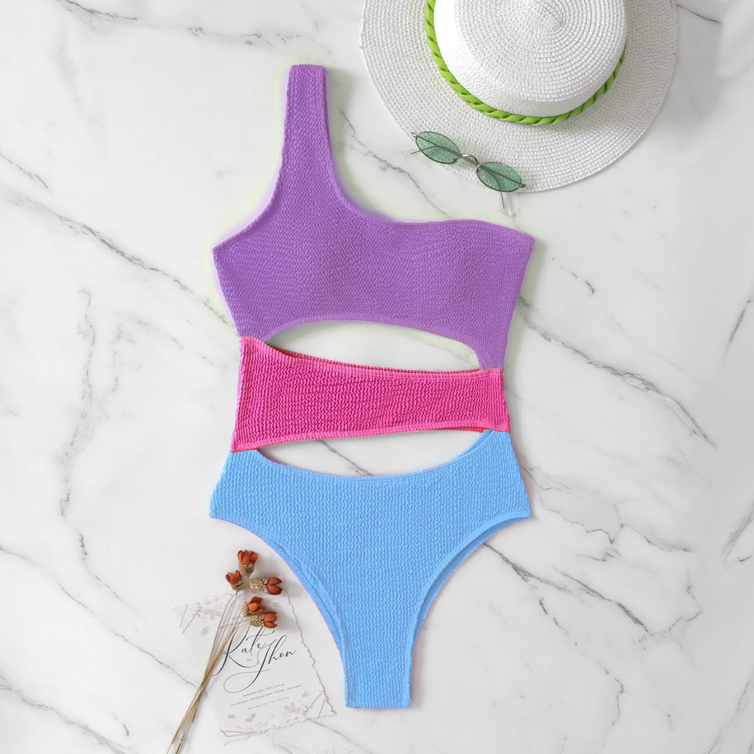 One-Shoulder Tri-Colour One-Piece Swimsuit