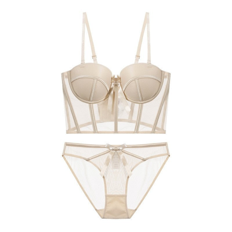 Corset-Style Mesh Lingerie Set with Bows