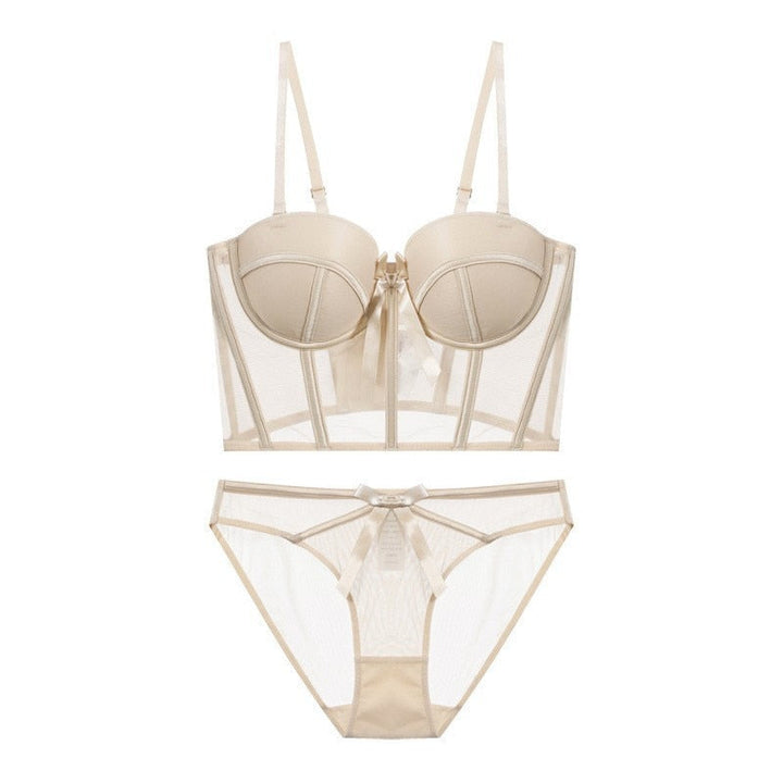 Corset-Style Mesh Lingerie Set with Bows