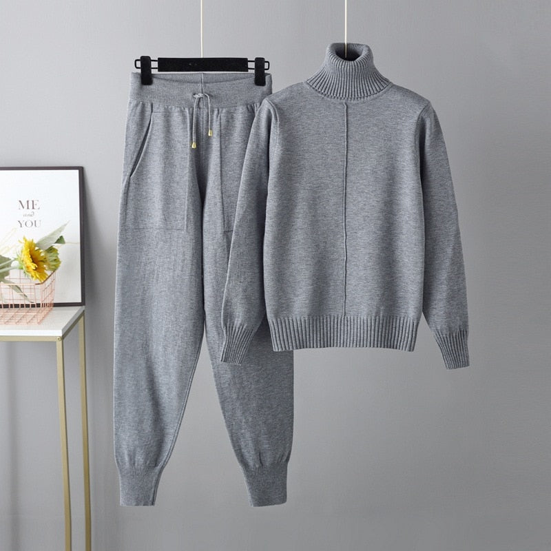 Ribbed Turtleneck Knit Sweater and Pants Lounge Set