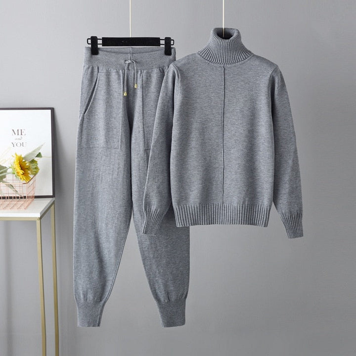 Ribbed Turtleneck Knit Sweater and Pants Lounge Set